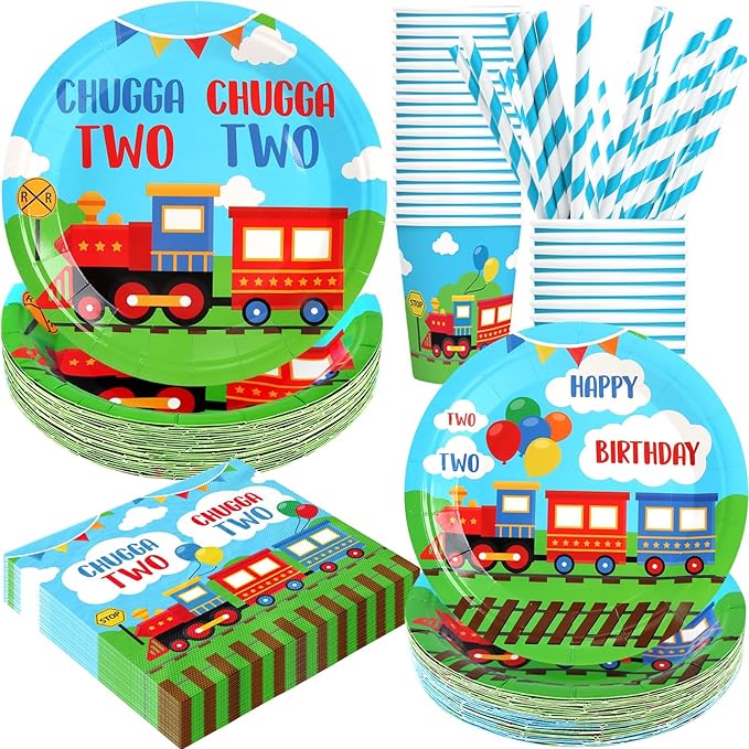 Chugga Chugga Two Two Birthday Party Decorations, 120Pcs Train Themed Party Supplies Transportation Disposable Tableware Includes Paper Plates, Napkins, Cups and Straws | Serves 24