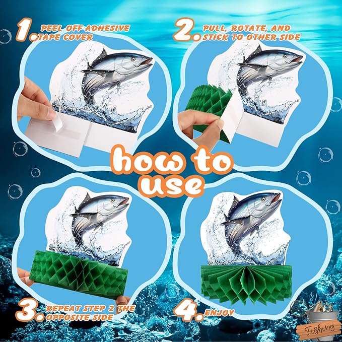 12 Pcs Fishing Decorations Gone Fishing Centerpieces Fish Party Decorations Honeycomb Party Supplies 3D Fishing Table Decor Fishing Birthday Party Supplies for Fathers Day Retirement Baby Shower
