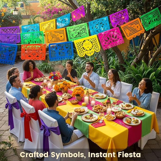 DomeStar 3 Packs Mexican Party Decoration, 54 Feet Plastic Papel Picado Fiesta Banner Cinco de Mayo Garland for Mexican Birthday Party Supplies