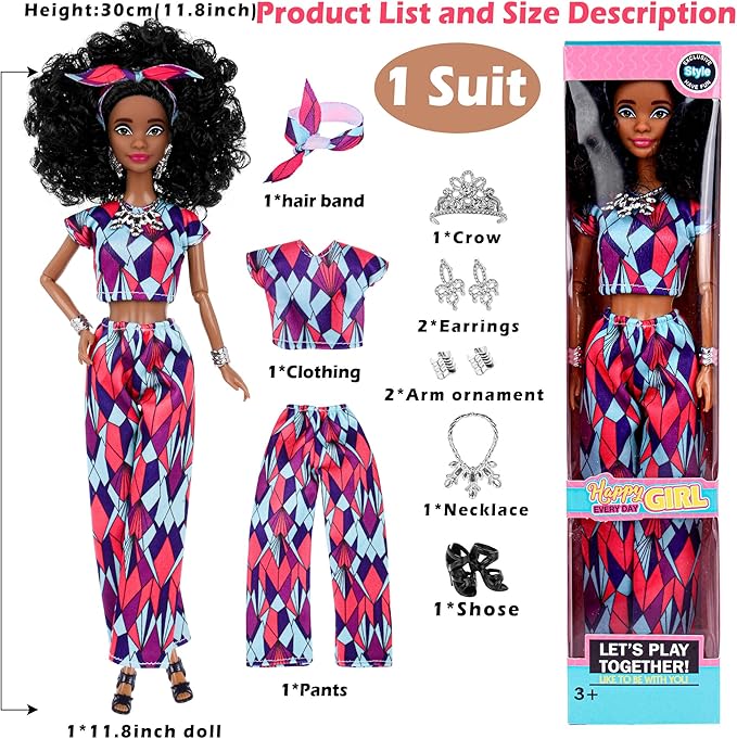 6 Pack African American Fashion Dolls Set with Mix & Match Outfits – 11.5" Posable Black Dolls & 5 Accessories Each (Crown, Necklace, Headscarf & More) + Pink Gift Case