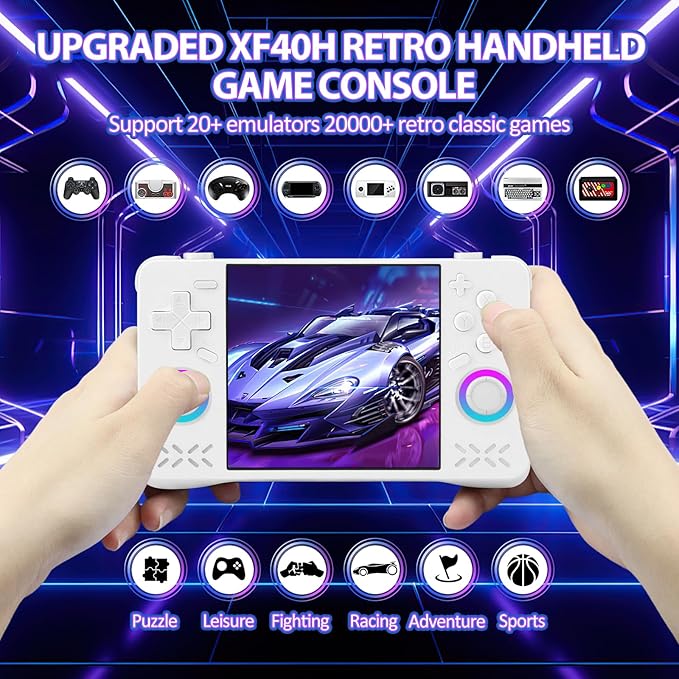Upgraded XF40H Handheld Game Console, Retro Gaming Console Preloaded Classic Games with Multiple Emulators, 4.0 Inch 4K HD IPS Screen Open Source Linux System, Pocket Video Gaming (White-128G)