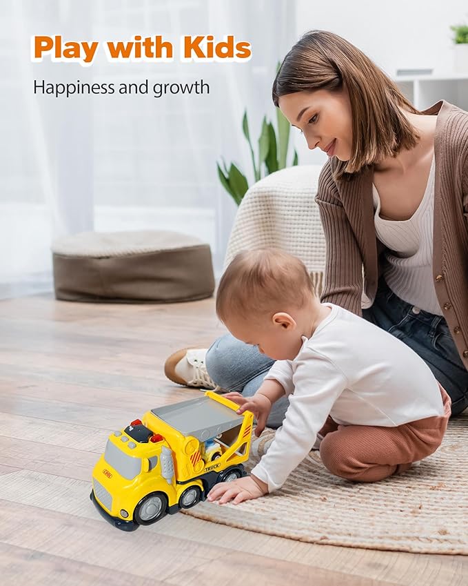 Construction Car Carrier Toys Set for 3 4 5 6 Years Old Toddlers Boys & Girls Gift, 4 Small Cartoon Cute Cars Trucks Crane Mixer Excavator Dump, Sound and Light Big Truck with Slide, 7.6*3.5*4.1 INCH