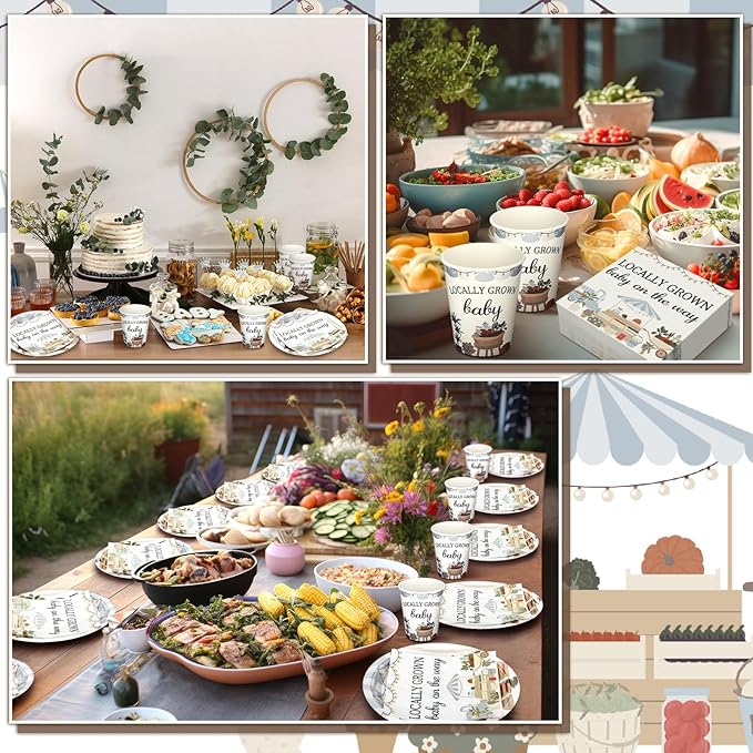 Hushee 200 Pcs Locally Grown Baby Shower Paper Plates Napkins Cups Baby Shower Party Supplies Tableware Set Disposable Cup Napkin for 50 Guest Party Decoration