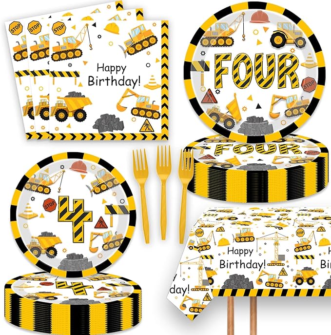 51 Pcs Construction 4th Birthday Party Supplies Dump Truck Four Years Old Tablecloth Paper Plates Napkins Forks Cups Dinnerware for Construction 4th Birthday Party Supplies Decorations