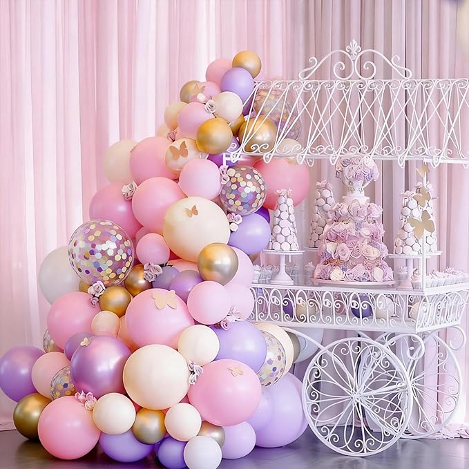 FunHot Pink Purple Balloons, 50 Pcs Metallic Gold Pink Balloon, 12 Inch Pastel Purple Colorful Confetti Latex Balloons for Girls Baby Shower Wedding Women Birthday Anniversary Butterfly Party Decor