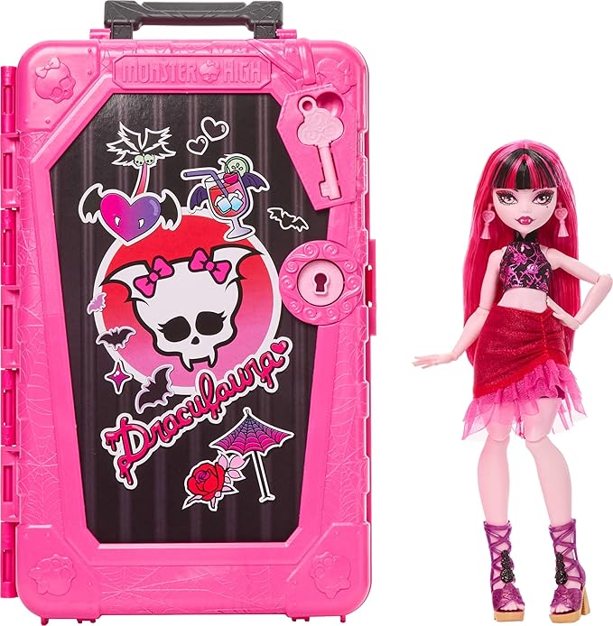 Monster High Skulltimate Secrets Draculaura Doll and Accessories Set, Destination: Gore-geous Oasis with Suitcase and 19+ Surprises Like Clothes