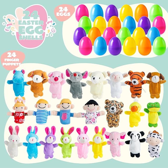 JOYIN 24 Pcs Easter Eggs Filled with Finger Puppets, Prefilled Egg with Cartoon Animal Puppets for Kids Easter Hunt, Basket Stuffers Fillers, Party Favors and Classroom Prize Supplies