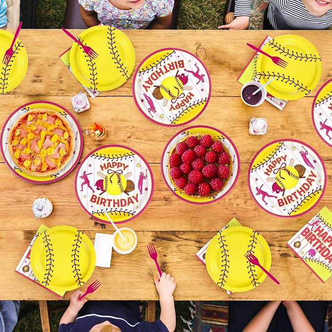 96Pcs Softball Birthday Party Supplies Sport Themed Plates and Napkins Pink Yellow Softball Disposable Paper Tableware Set for Girls Kids Teens Birthday Holiday Party Supplies Serves 24