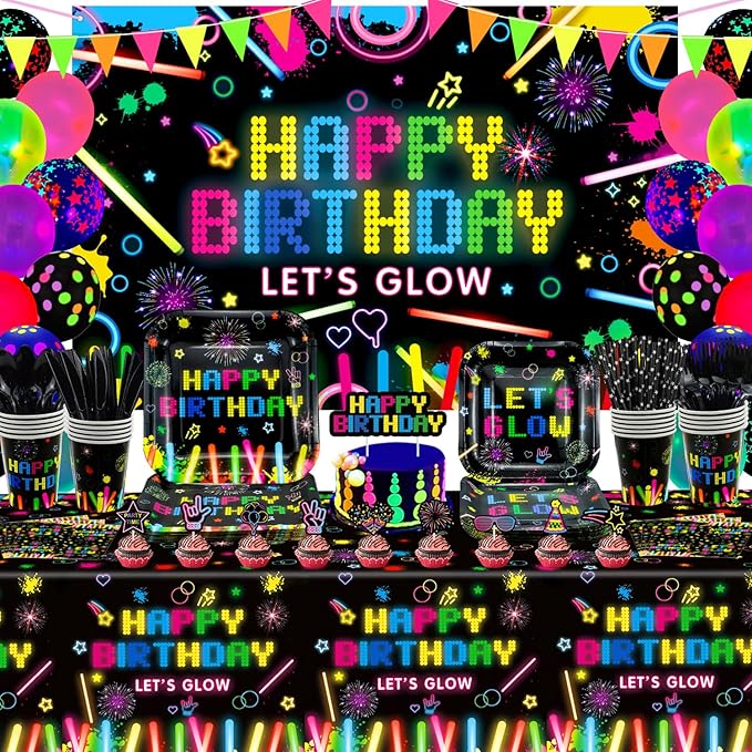 218 Pack Glow Neon Party Supplies Neon Glow Plate Set Neon Balloon Glow in the Dark Happy Birthday Backdrop Glow Birthday Blacklight Party Decoration Neon Glow Banner Set Serves 20