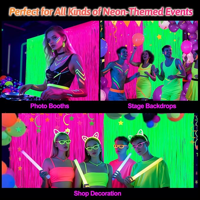 Glow in The Dark Party Supplies 2 Pack Neon Party Decorations Fluorescent Tinsel Foil Fringe Curtains Photo Booth Prop Backdrop Streamer Blacklight Decorations (Neon Hot Pink+Neon Green)