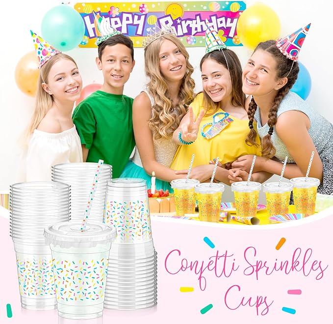 Domensi 50 Pcs Sprinkle Baby Shower Plastic Cup 12 oz Rainbow Confetti Sprinkle Thick Clear Cup Baby Shower Birthday Table Decorations Candy Color Party Supplies It's a Boy Girl