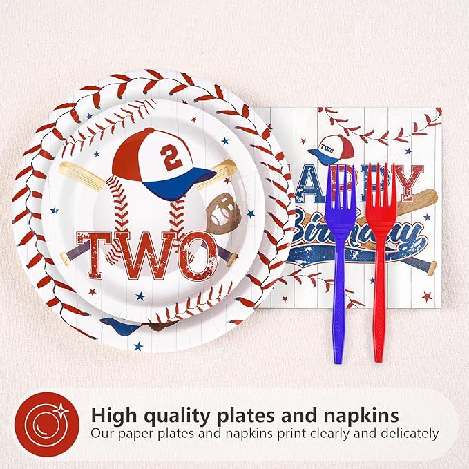 96 Pcs Baseball Birthday Decorations Disposable 2nd Birthday Party Paper Plates and Napkins Baseball Sports Themed Party decorations Tableware Set for Boys Girls Kids Supplies, Serves 24