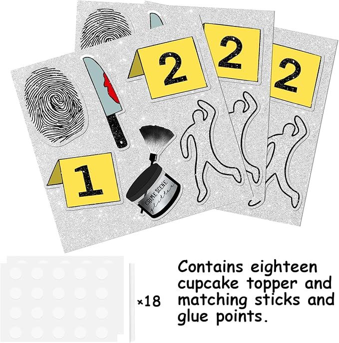 18pcs Glitter Detective Fingerprint Suspect Dessert Cupcake Topper Mystery Crime Clue Evidence Theme Men Women Girls Boys Happy Birthday Party Decor Supplies Decorations