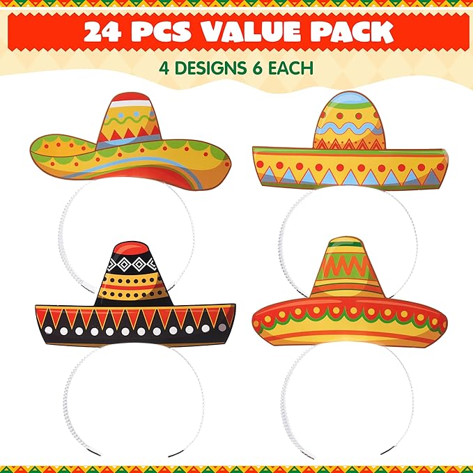 JOYIN 24 Pcs Cinco de Mayo Sombrero Headbands for Mexican Themed Fiesta Party, Party Supplies Decorations for Fun Fiesta Hat Party Supplies, Luau Event Photo Props