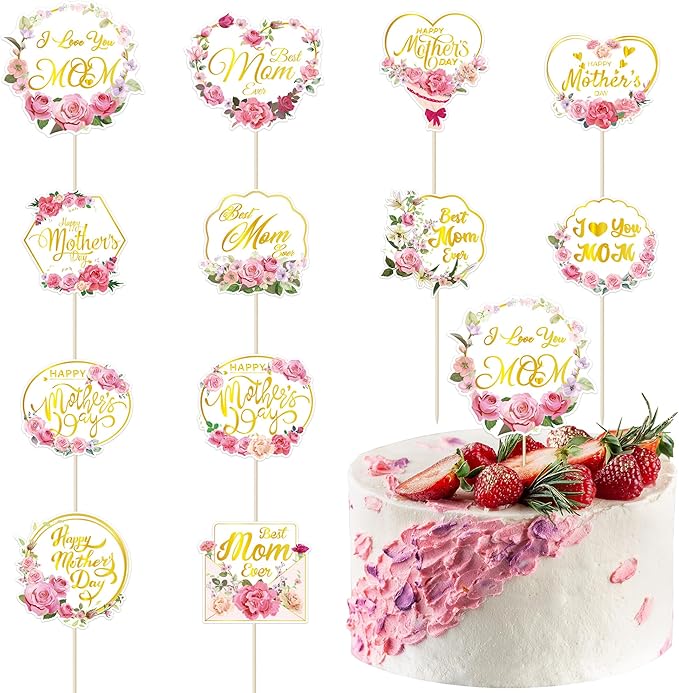 24 Pcs Gold Foil Mothers Day Cake Toppers Set, Happy Mothers Day Topper for Flowers and Cakes, Mothers Day Cake Decor with Glittering Greetings, Mother's Day Cake Picks from Recyclable Paper