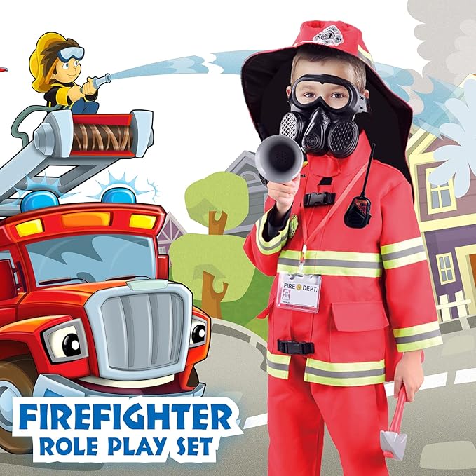 13 piece Kids Fireman Costume Firefighter Dress-Up Toy Set for Children Boys and Girls Fire Chief Pretend Role Play with Accessories