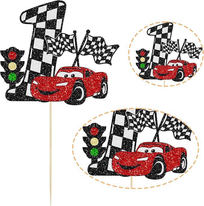 Gyufise 1Pc Car Cake Topper Race Car First Birthday Cake Decorations for Racing Car Checkered Flag Themed Kids Boy Girl Happy Birthday Party Supplies