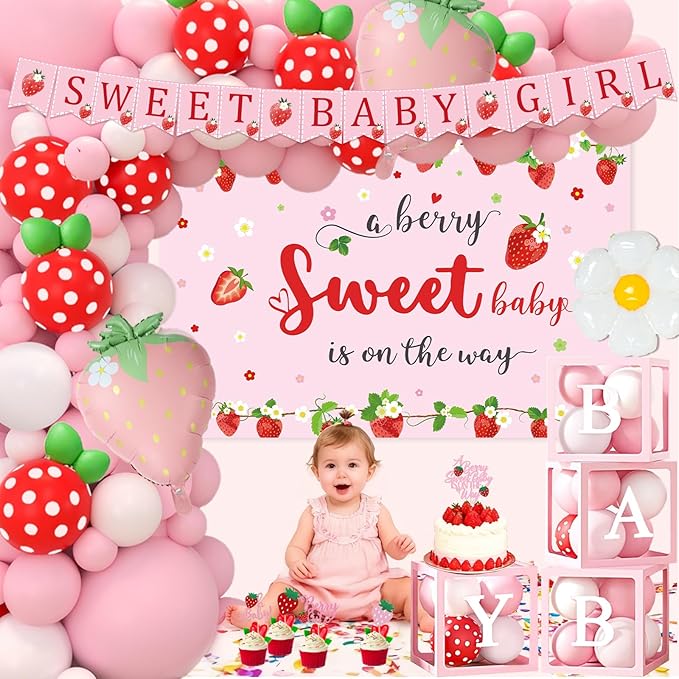 Strawberry Baby Shower Decorations, A Berry Sweet Baby Is On The Way Decorations for Girl, It's a Girl Gender Reveal, Red and Pink Backdrop Balloon Arch Box Tablecloth Cake Topper Party Decor 141pcs