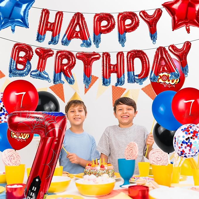 Cartoon Hero 40 Inch Red and Blue Spider Theme Number Foil Birthday Decoration Balloon, Spider Theme Happy Birthday Banner Party Decoration Balloon, Letter Logo Superhero Party Supplies (7)