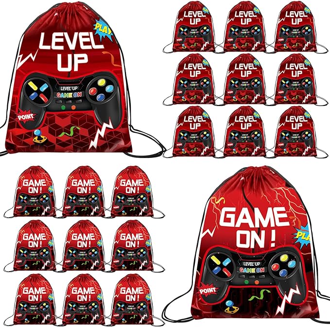 Eccliy 20 Pcs Video Game Party Favor Bags Gamer Birthday Party Drawstring Bags for Kids Boys Girls 12 x 10 Inch Gaming Goodie Treat for Game on Theme Decorations Supplies(Red,Lively Style)