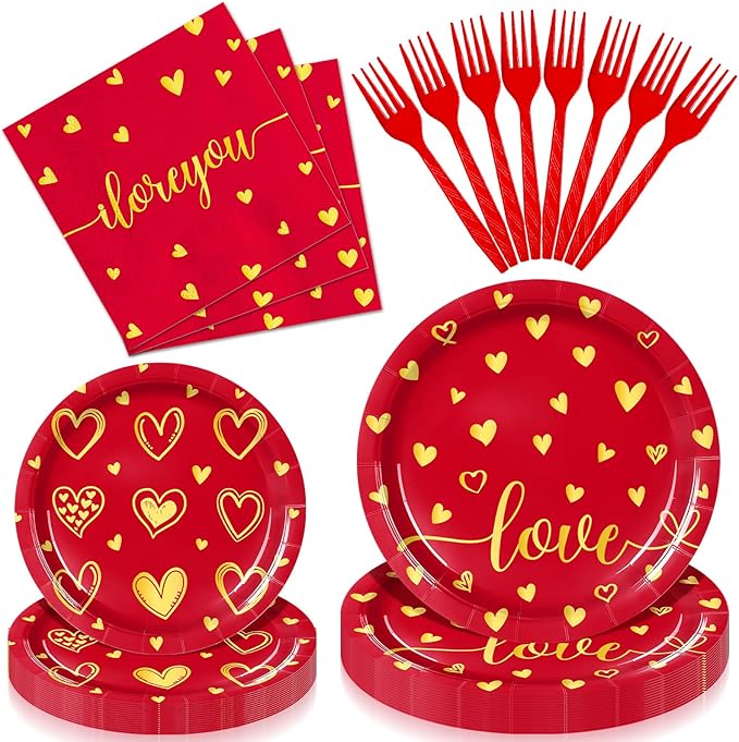 96 Pieces Valentine’s Day Love Tableware Set – Red and Gold Heart Disposable Plates, Napkins, and Forks for Romantic Dinners, Wedding, Anniversaries, and Valentine Celebrations – Serves 24 Guests