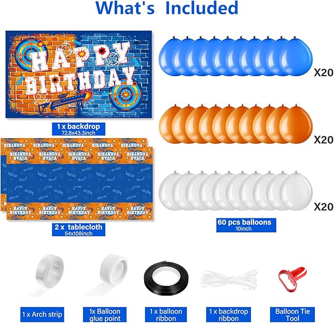 Irenare 62 Pcs Dart Battle Party Decorations - Happy Birthday Supplies with Gun Theme Banner, Tablecloth, Balloons for Kids