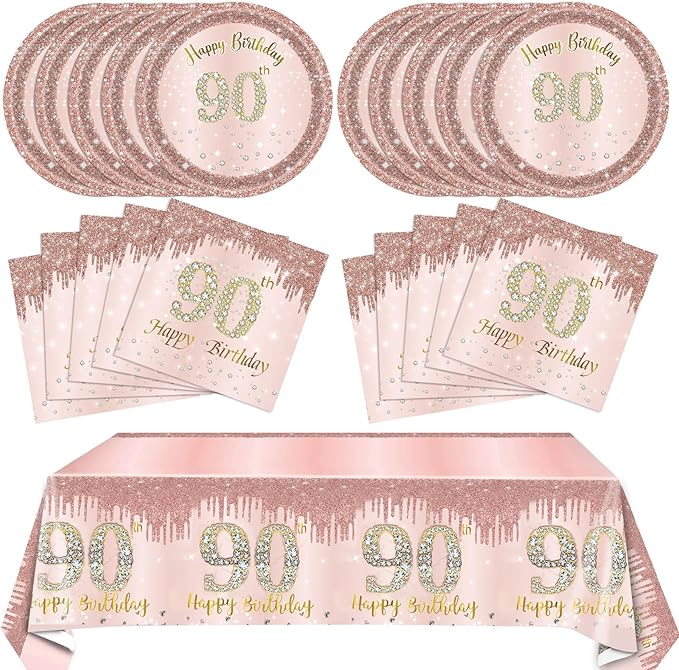 41PCS Women 90th Birthday Party Decorations Supplies Rose Gold Ninety Year Old Birthday Disposable Tableware Include Plates Napkins Tablecloth For Women Serves 20