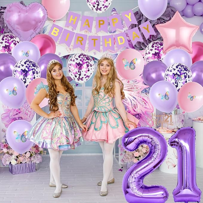 21st Purple Birthday Decorations,Pink Purple 21st Birthday Balloons for Women Butterfly Party Decor with Number 21 Balloons Cake Topper Butterfly Party Supplies for Girls 21st Party Decorations
