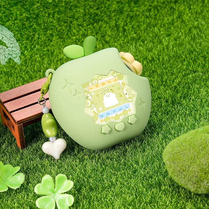 Apple Case for Tamagotchi Paradise, 4-iaradisen-1 Shockproof Silicone Protective Cover Kit with Faceplate, Flower Dial Cap & Charm, Kawaii Accessories for Girls & Adults (Green)