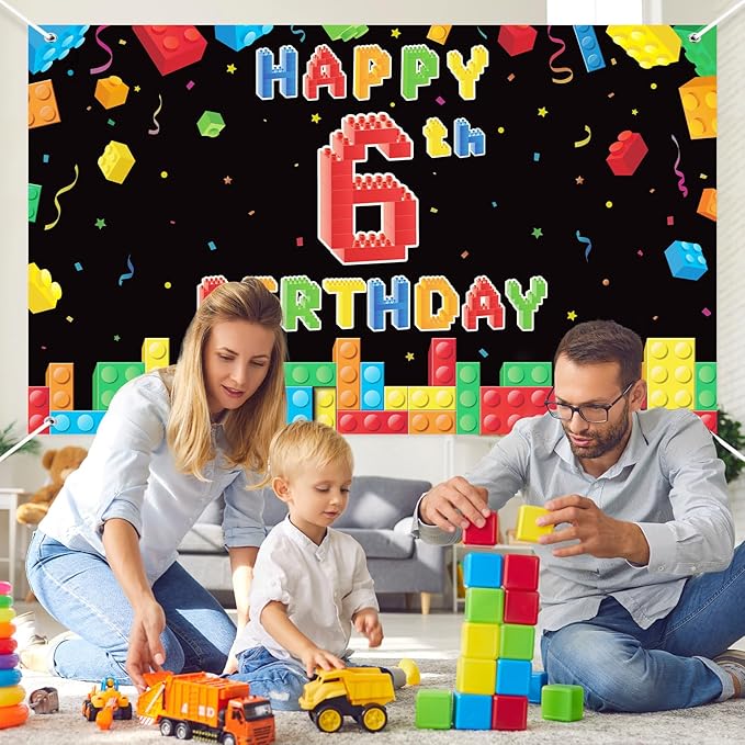 Panelee Building Block Birthday Banner Building Blocks Party Backdrop Decoration Happy Birthday Banner Photography Background for Party, 72.8 x 43.3 Inch(Black,6th)