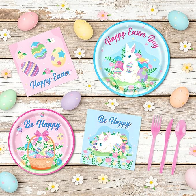 185 Pcs Easter Party Supplies Easter Party Decorations Tableware Set Serves 24, with Easter Bunny Plates Napkins Cups Forks Knives Spoon Tablecloth Banner Balloons for Spring Eater Party Decorations