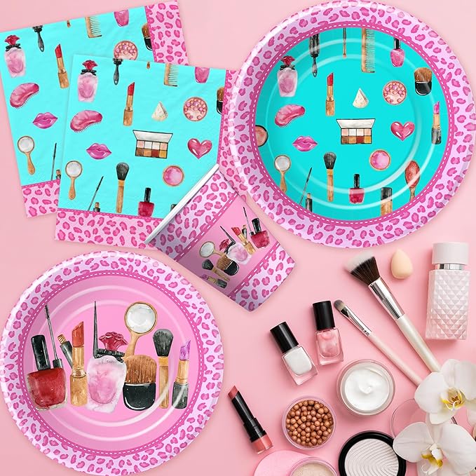 Spa Party Decorations Tableware For Girls, Spa Day Makeup Birthday Party Supplies, Paper Plate, Napkin, Tablecloth, Disposable Fork | Serves 24