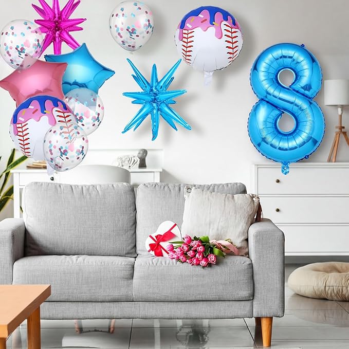 11 Pcs Ice Cream Drip Baseball Birthday Party Decorations 8th Baseball Balloons Birthday Decoration Sports Theme Party Supplies 32 Inch Foil Number 8 Balloon for Summer Ice Cream Camping Baby Shower