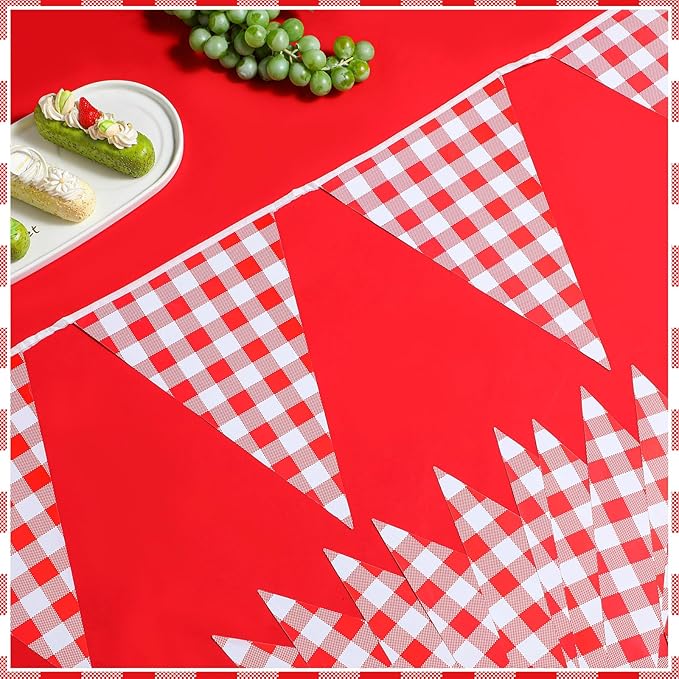 Boao 10 Strips Red and White Checkered Banner 98 ft Gingham Pennant Banner Flag Paper Pennant for BBQ Picnic Carnival Theme Birthday Wedding Pizza Festivals Party Decorations Outdoor Home Decor