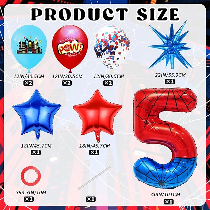 Spider Web Number 5 Balloon Birthday Decoration, Superhero Themed 40in Giant Mylar Number Party Supplies