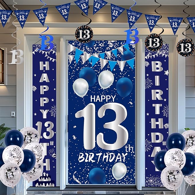 13th Birthday Decorations for Boys Girls, Navy Blue Happy 13th Birthday Door Banner Sign, 13 Years Old Party Supplies Teenagers Bday Backdrop Balloons Hanging Decors