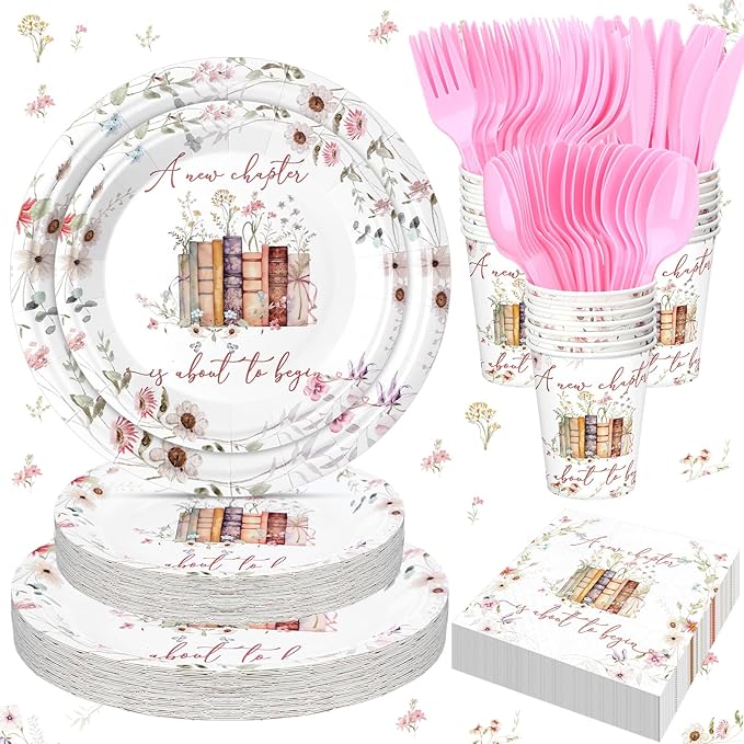 168 Pcs A New Chapter Is About to Begin Baby Shower Tableware Set, Storybook Baby Shower Decorations Floral Bridal 9" 7" Paper Plates Cups Napkins Party Supplies, Book Wildflower Dinnerware