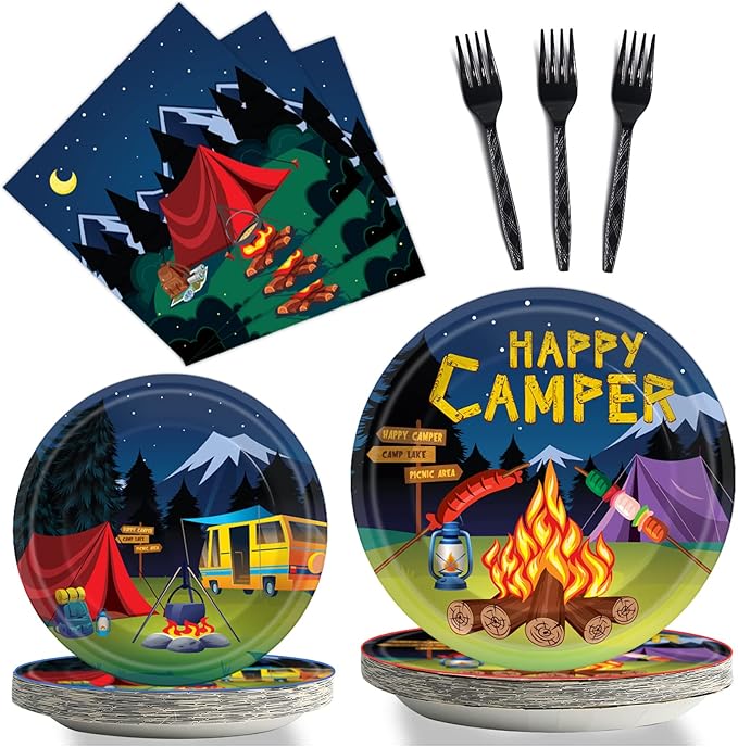 96 Pcs Camping Party Supplies Paper Plates Napkins Happy Camper Birthday Decorations Camping Adventure Party Tableware Set for Boys Baby Shower Serves 24