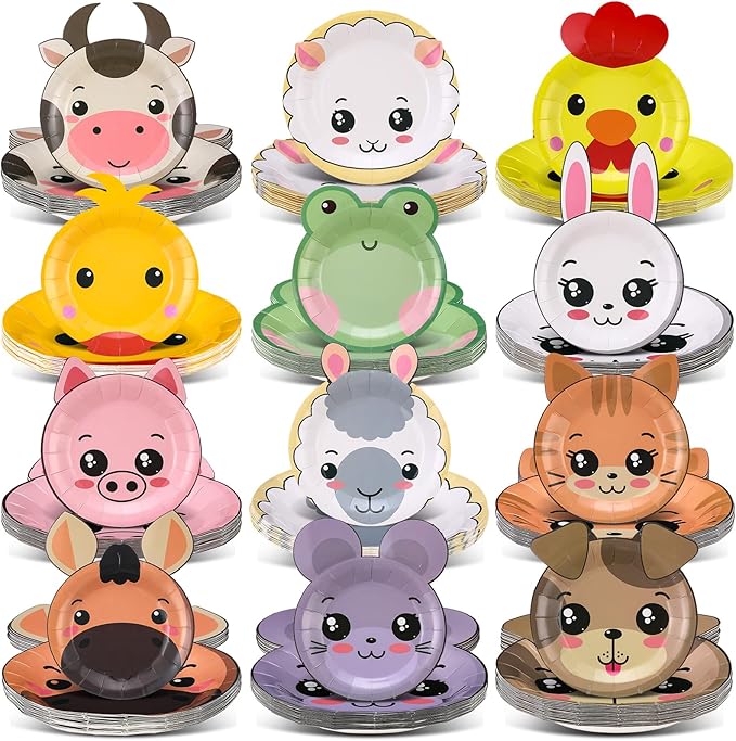 Zhehao 120pcs 7 Inch Farm Party Paper Plates Disposable Farm Animal Shape Plates Theme Supplies Tableware Livestock Animals Cartoon Animal Decorations for Birthday Party