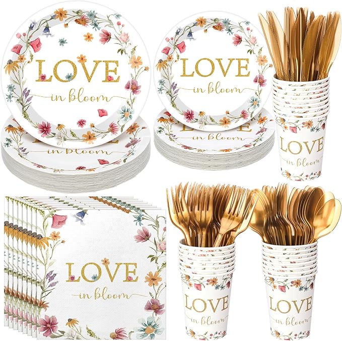24 Set Love Is in Bloom Wildflower Bridal Shower Decorations Tableware Set Floral 9" 7" Paper Plates Cups Napkins Party Supplies Elegant Dinnerware for Bridal Shower Wedding Birthday Party