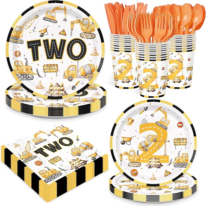 168pcs Construction 2nd Birthday Party Decorations 2nd Plates Napkins Tableware Set Disposable Paper Cups for Boys Construction Two Years Old Party Supplies Serves 24