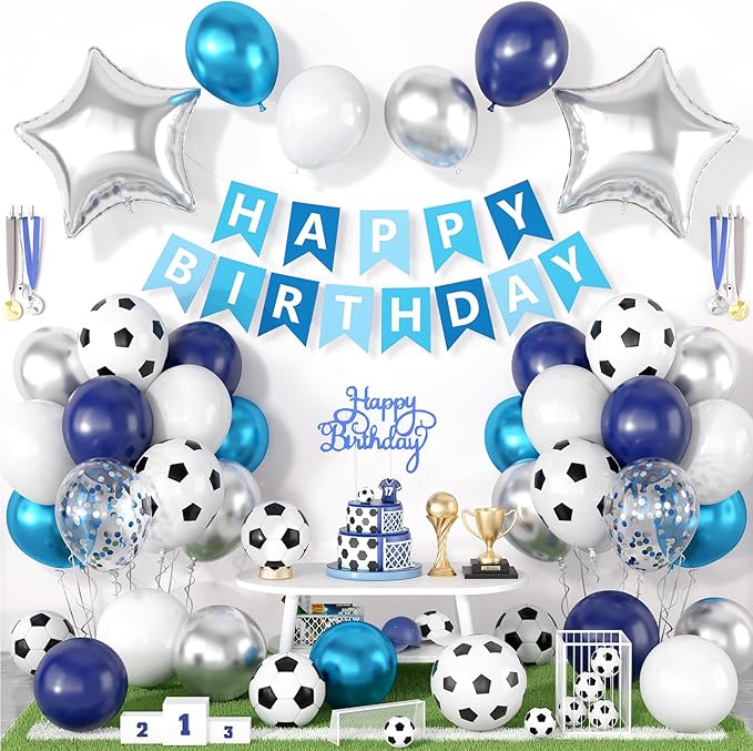 Soccer Birthday Party Decorations for Boys, Soccer Party Decorations with Blue White Balloons Happy Birthday Banner Cake Toppers 18in Foil Balloon for Boys Men Sport Theme Party Decor