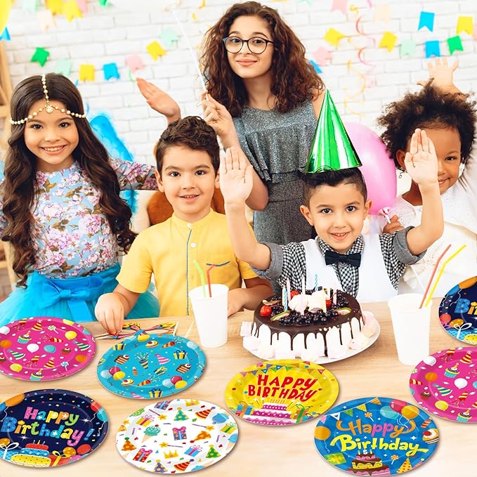 60Pcs Happy Birthday Plates Party Supplies 7” Colorful Birthday Plates Colorful Happy Birthday Tableware Party Decorations for Kids Boys Girls Birthday Cake Dinnerware Party Favors for 60 Guest