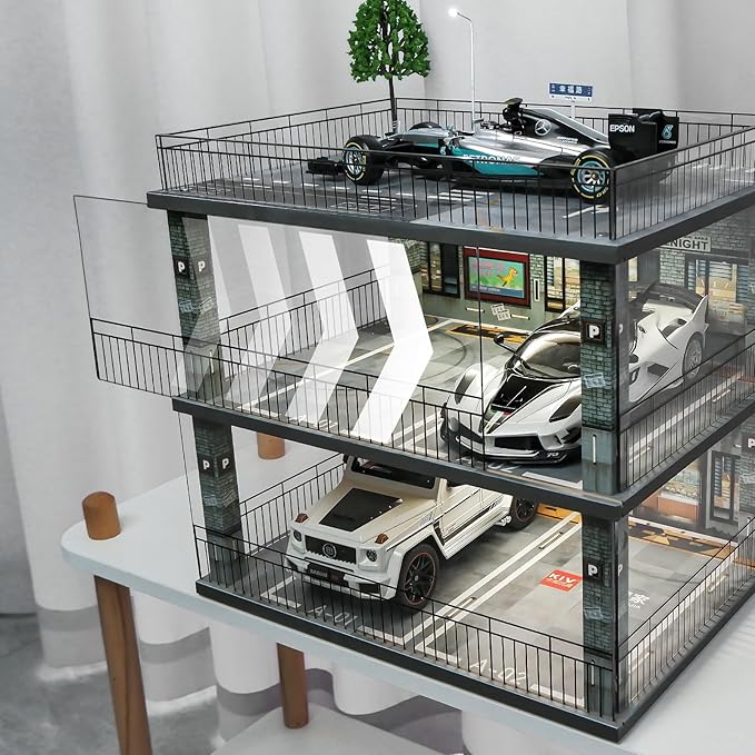 1:18 Scale Diecast Model Car Display Case Cabinet with USB Lights and Dust Cover,Diorama Garage Parking for Alloy Sport Cars and Lego Model Cars Collectibles