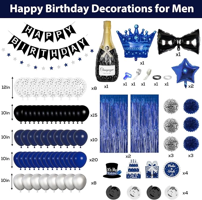 Ouddy Life 91Pcs Blue and Black Happy Birthday Decorations for Men with Happy Birthday Banner Confetti Foil Balloons Fringe Curtain Hanging Swirl for 21st, 25th, 27th 40th Birthday Party Supplies