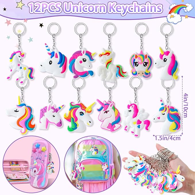 12 Sets Unicorn Party Favors Birthday Supplies for Girls Kid, Drawstring Bag Silicone Bracelet Tattoo Sticker Keychain Goodie Bag Stuffer Filler Unicorn Birthday Decorations Girls Party Favors