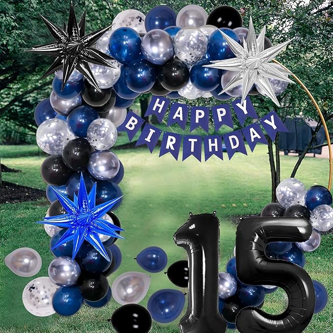 15th Birthday Decorations for Boys and Girls Dark Blue, HAPPY BIRTHDAY Banner Black Number 15 Balloons Tablecloth Foil Backdrop Star Balloons Garland Arch Kit-15 Years Old Birthday Party Supplies