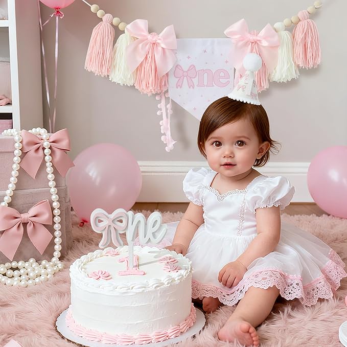 Pink Bow 1st Birthday Highchair Banner Decorations Wood Bead Tassel Garland Cone Hat Wooden Cake Topper For Baby Girls