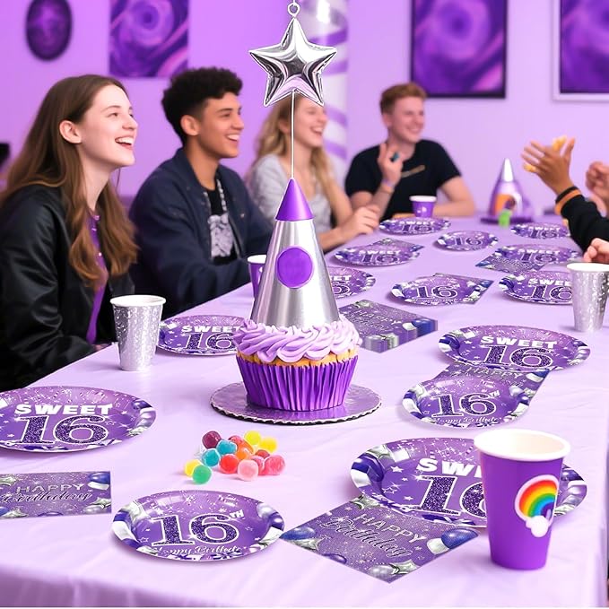 Grencian 96Pcs 16th Birthday Party Supplies Purple Sweet 16 Birthday Plates and Napkins Tableware Sets Sixteenth Birthday Party Decorations for Girls Happy 16th Birthday Party Favors Serves24