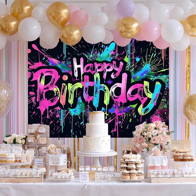 Neon Happy Birthday Banner 96x72 Inch Photography Backdrops Party Background Decorations Colorful Graffiti Splash Paint Kids Birthday Supplies Glow in The Dark